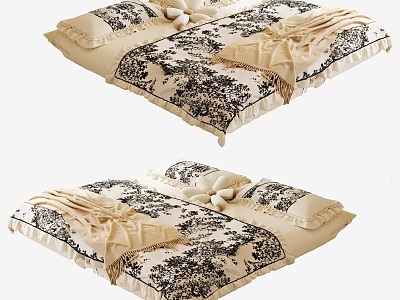 Elegant Beige And Black Floral Pattern Bedding Set With Pillowcases And Blanket 3d model