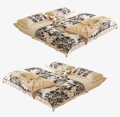 Elegant Beige And Black Floral Pattern Bedding Set With Pillowcases And Blanket 3d model