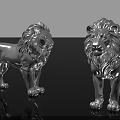 Two Polished Silver Lion Statues Standing On Reflective Black Surface