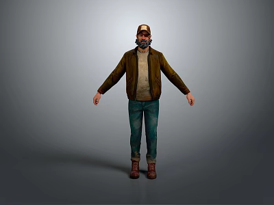 Realistic Game Movie Character in Brown Jacket Blue Jeans and Hat Standing Pose Gray Background 3d model
