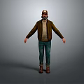 Realistic Game Movie Character in Brown Jacket Blue Jeans and Hat Standing Pose Gray Background