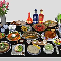 Various Chinese Dishes with Drinks and Fresh Flowers on Dining Table