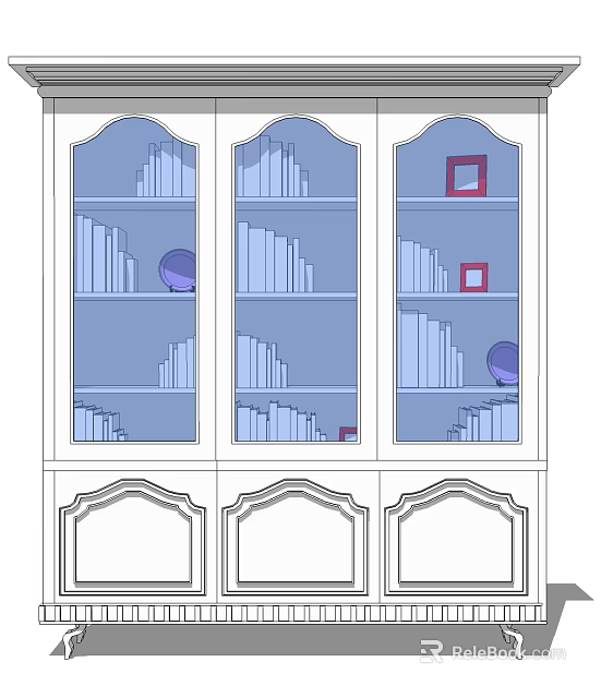 Classic Style Bookcase With Glass Doors And Shelves Filled With Books And Decorative Items 3d model 