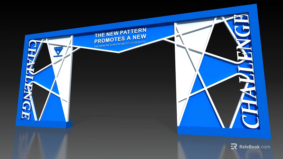 Modern Archway with Blue and White Geometric Structure Featuring New Pattern and New Challenge Text 3d model