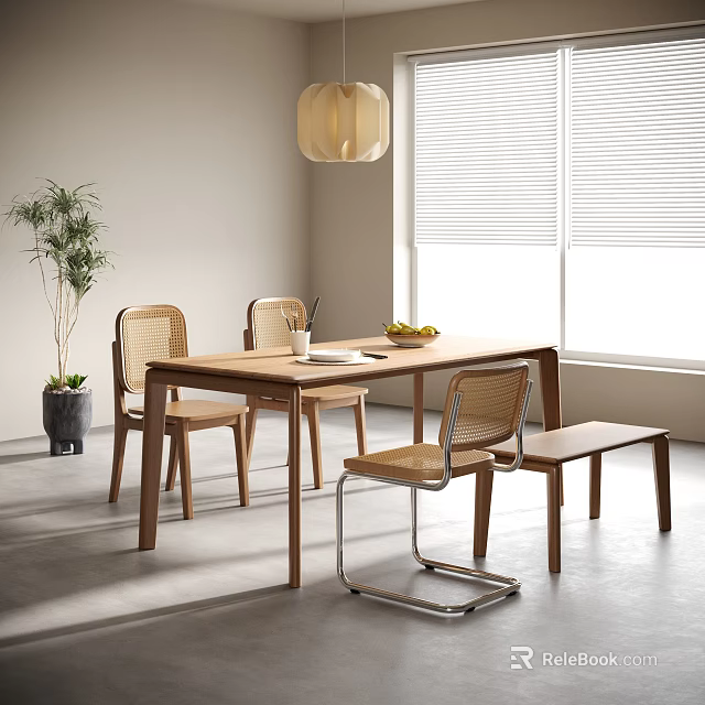 Modern Wooden Dining Table Set With Woven Chairs Bench Natural Light Window Pendant Light 3d model 