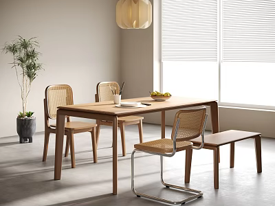 Modern Wooden Dining Table Set With Woven Chairs Bench Natural Light Window Pendant Light 3d model