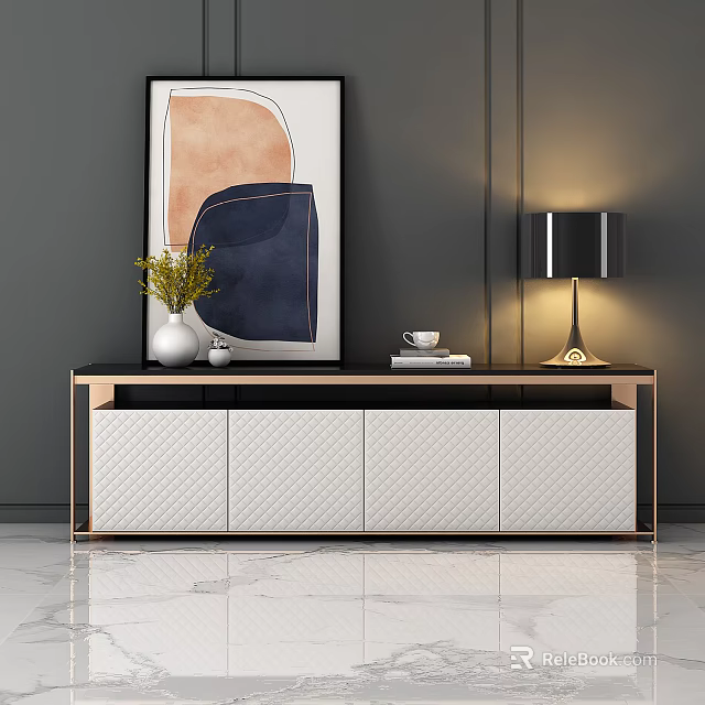 Modern TV Stand with White Vase Yellow Flowers Black Lamp and Abstract Painting 3d model 