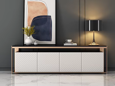 Modern TV Stand with White Vase Yellow Flowers Black Lamp and Abstract Painting 3d model