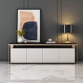 Modern TV Stand with White Vase Yellow Flowers Black Lamp and Abstract Painting