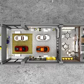 4S Car Dealership Showroom Featuring Colorful Sports Cars Geometric Lights Yellow Floor And Tool Storage