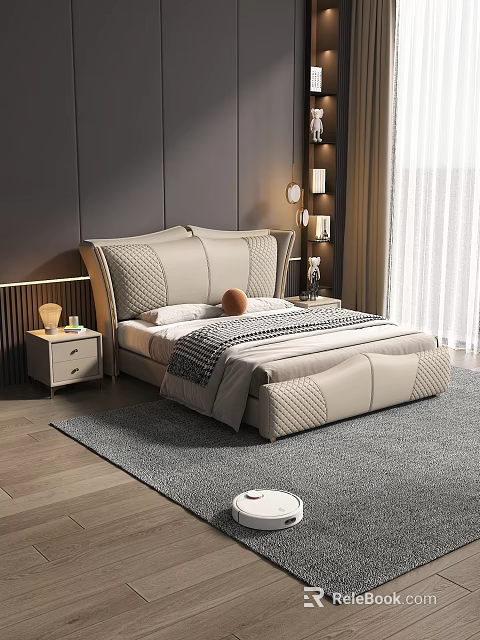 Modern Textured Headboard Background Double Bed With Nightstand Lamp And Curtains 3d model 