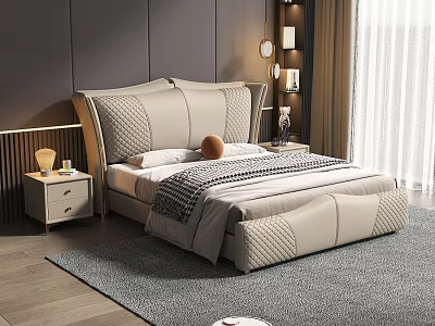 Modern Textured Headboard Background Double Bed With Nightstand Lamp And Curtains 3d model
