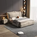 Modern Textured Headboard Background Double Bed With Nightstand Lamp And Curtains