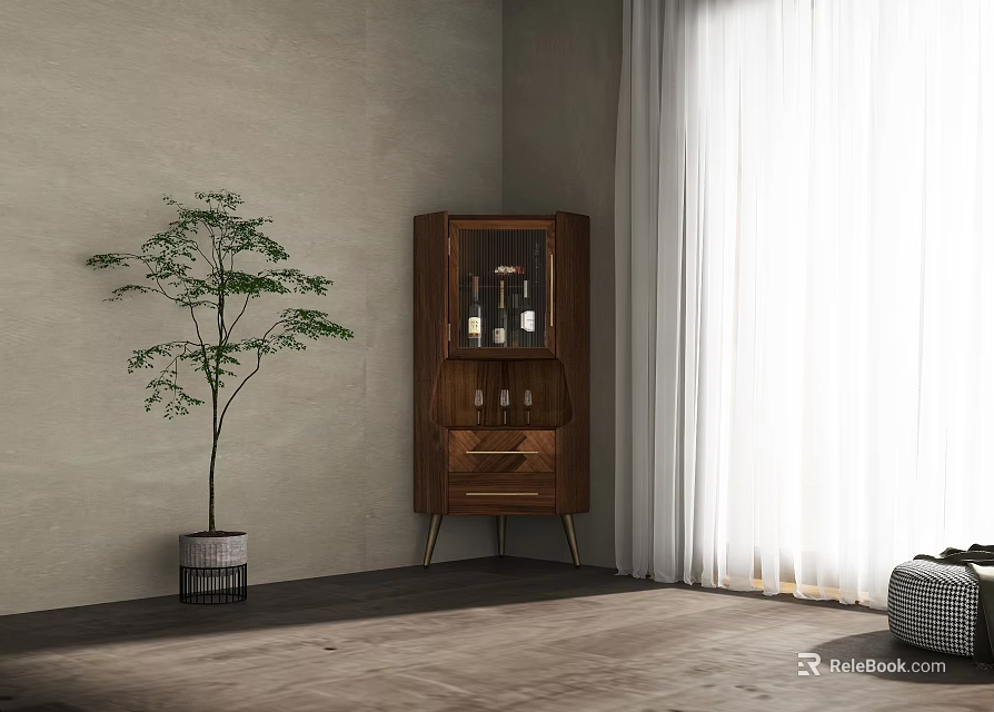 Modern Wooden Wine Cabinet With Glass Door In Corner With Green Plant And Curtain 3d model 
