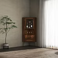 Modern Wooden Wine Cabinet With Glass Door In Corner With Green Plant And Curtain