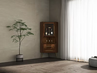 Modern Wooden Wine Cabinet With Glass Door In Corner With Green Plant And Curtain 3d model