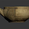Beige Ceramic Teapot with Black Decorated Rim and Patterned Surface on Reflective Background