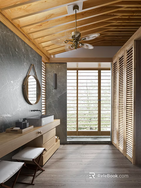 Hotel Bathroom Interior With Marble Walls Round Mirror Wooden Vanity And Shutter Windows 3d model 