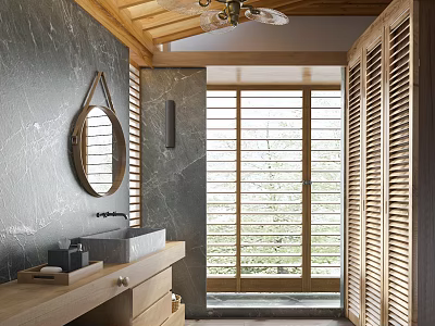 Hotel Bathroom Interior With Marble Walls Round Mirror Wooden Vanity And Shutter Windows 3d model