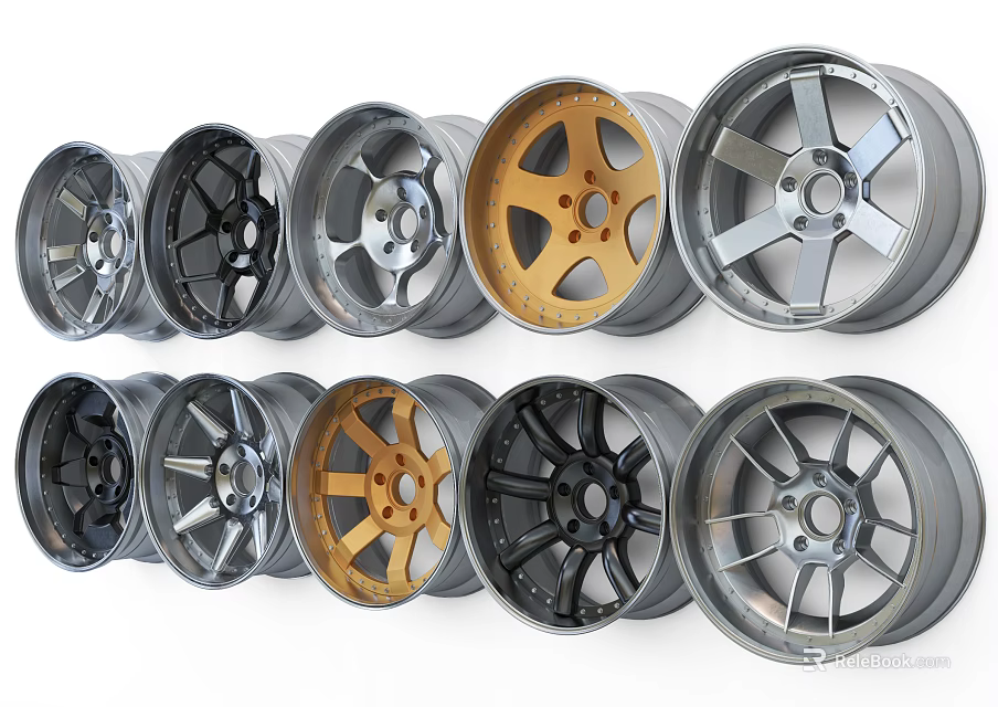 Assorted Alloy Wheels With Metallic Colors And Distinctive Spoke Designs 3d model 