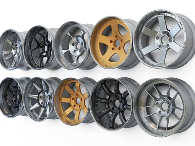 Assorted Alloy Wheels With Metallic Colors And Distinctive Spoke Designs 3d model