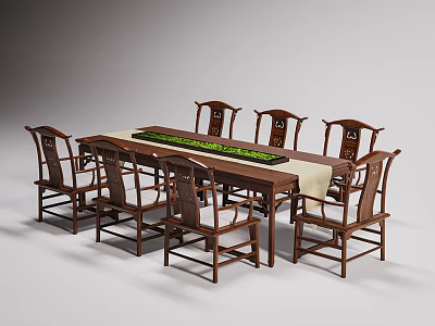 Traditional Chinese Style Dark Wood Dining Table With High Back Chairs And Green Table Runner 3d model