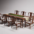 Traditional Chinese Style Dark Wood Dining Table With High Back Chairs And Green Table Runner