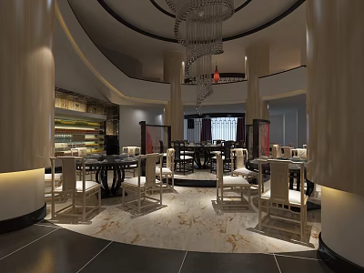 Elegant Modern Restaurant Interior With Chandelier Columns Marble Floor Tables And Chairs 3d model