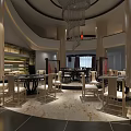 Elegant Modern Restaurant Interior With Chandelier Columns Marble Floor Tables And Chairs