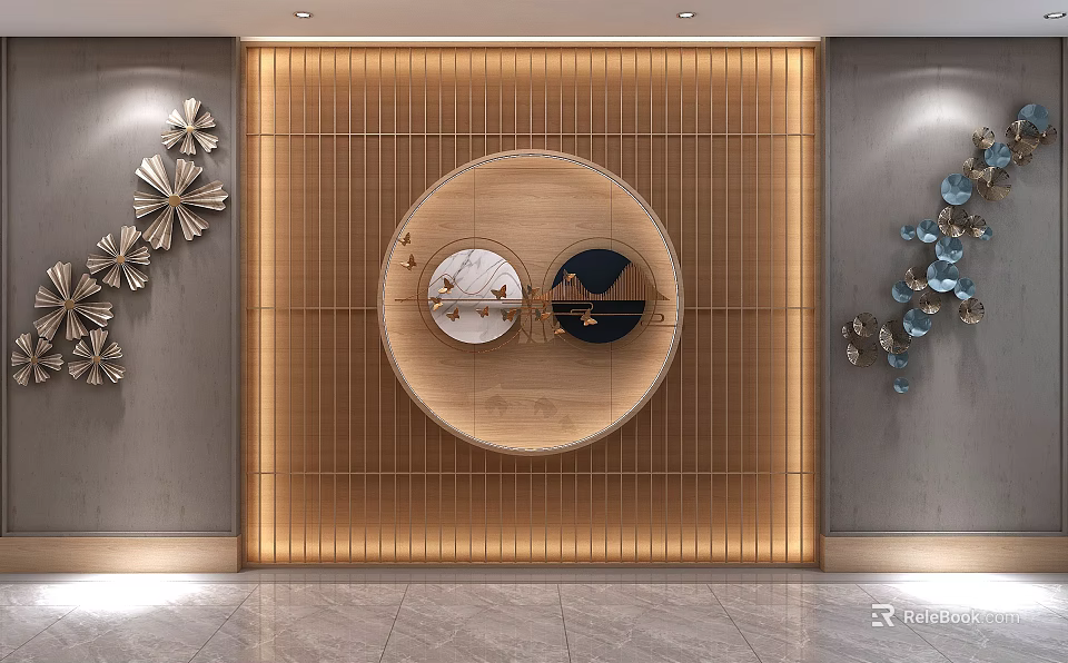 Modern Chinese Accent Wall Featuring Wooden Lattice Circular Decor And Side Floral Ornaments 3d model 