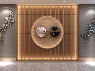 Modern Chinese Accent Wall Featuring Wooden Lattice Circular Decor And Side Floral Ornaments 3d model