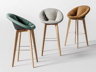 Three Modern Minimalist Bar Stools With Green Gray Brown Upholstered Seats And Wooden Legs 3d model