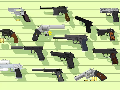 Various Handgun Models Featuring Different Designs Metallic Finishes And Wooden Grips 3d model