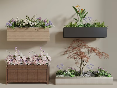 Stylish Plant Combinations In Wall Mounted And Floor Planters With Mixed Flowers And Small Trees 3d model