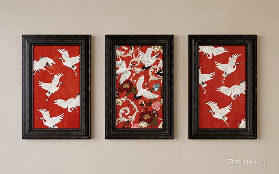 Three Black Framed Red Background Paintings With White Cranes On Wall 3d model 