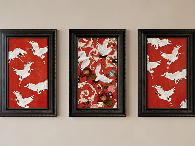 Three Black Framed Red Background Paintings With White Cranes On Wall 3d model