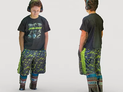 Young Boy With Headphones In Black Printed T-Shirt Green Yellow Shorts And Colorful Socks 3d model
