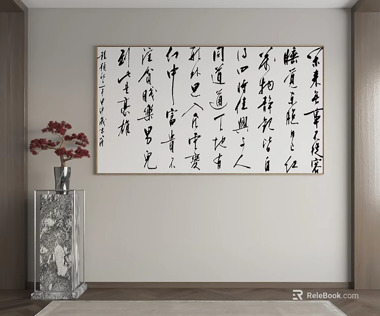 Landscape Painting Display with Red Flowers in Vase on Textured Cabinet and Light Wall 3d model 