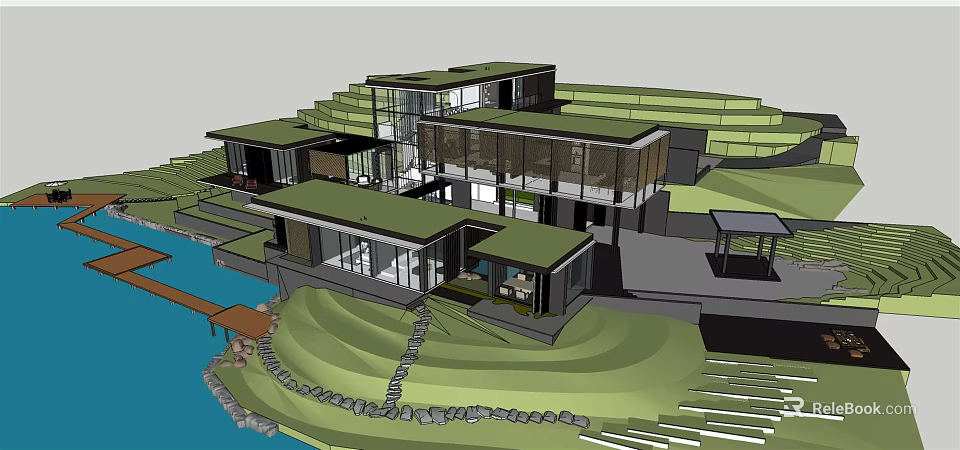 Modern Detached Villa on Hillside with Waterfront View Large Glass Walls and Green Roof Design 3d model 
