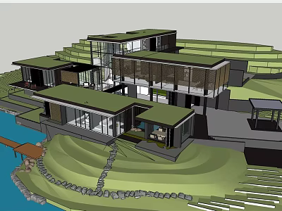 Modern Detached Villa on Hillside with Waterfront View Large Glass Walls and Green Roof Design 3d model