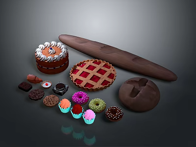 Delicious Assorted Bakery Foods Including Decorated Cake Baguette Lattice Pie Colorful Donuts Cupcakes And Chocolate 3d model