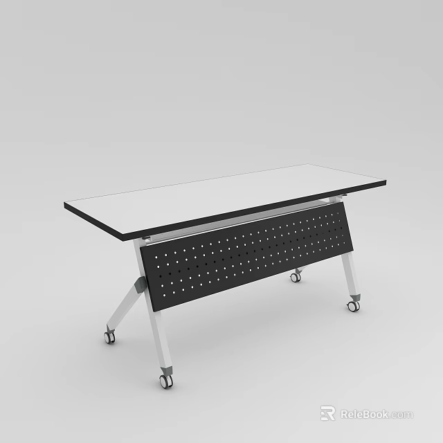 Modern Conference Table With Glass Top And Perforated Metal Legs On Wheels 3d model 