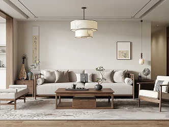 New Chinese Style Living Room Multi-person Sofa Leisure Chair Coffee Table Chandelier Decorative Painting 3d model