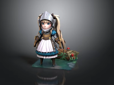 3D Character Model With Armor Helmet Apron Pigtails And Box With Red Fruits 3d model