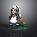 3D Character Model With Armor Helmet Apron Pigtails And Box With Red Fruits