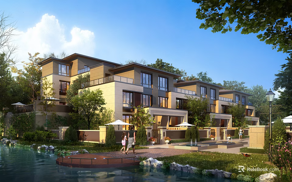 Modern Spacious Townhouse Exterior Design With Lush Trees Natural Surroundings Water Feature And Outdoor Courtyard 3d model 