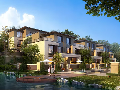 Modern Spacious Townhouse Exterior Design With Lush Trees Natural Surroundings Water Feature And Outdoor Courtyard 3d model