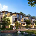 Modern Spacious Townhouse Exterior Design With Lush Trees Natural Surroundings Water Feature And Outdoor Courtyard