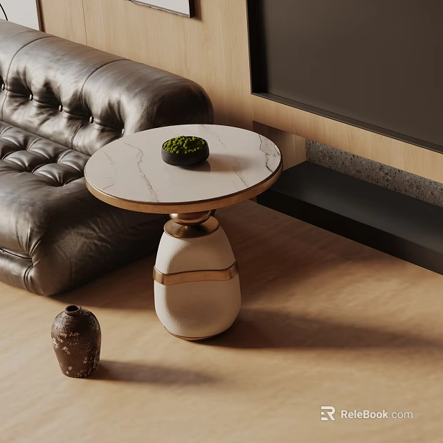Elegant Round Side Table With Marble Top And Gold Base Next To Leather Sofa 3d model 