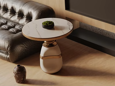Elegant Round Side Table With Marble Top And Gold Base Next To Leather Sofa 3d model